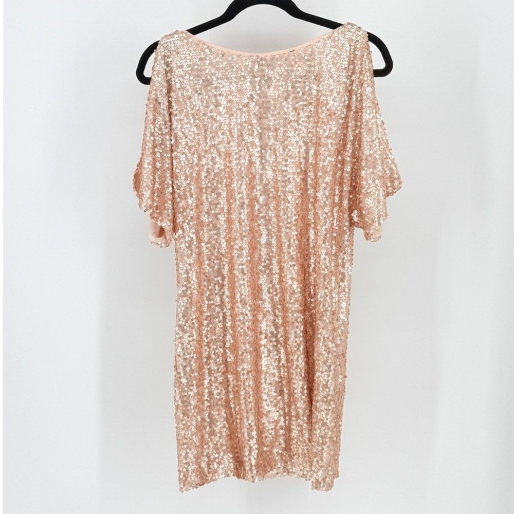 Peach Sequin Cold Shoulder Mini Shift Dress Size 2 Shiny Layered Spring Party